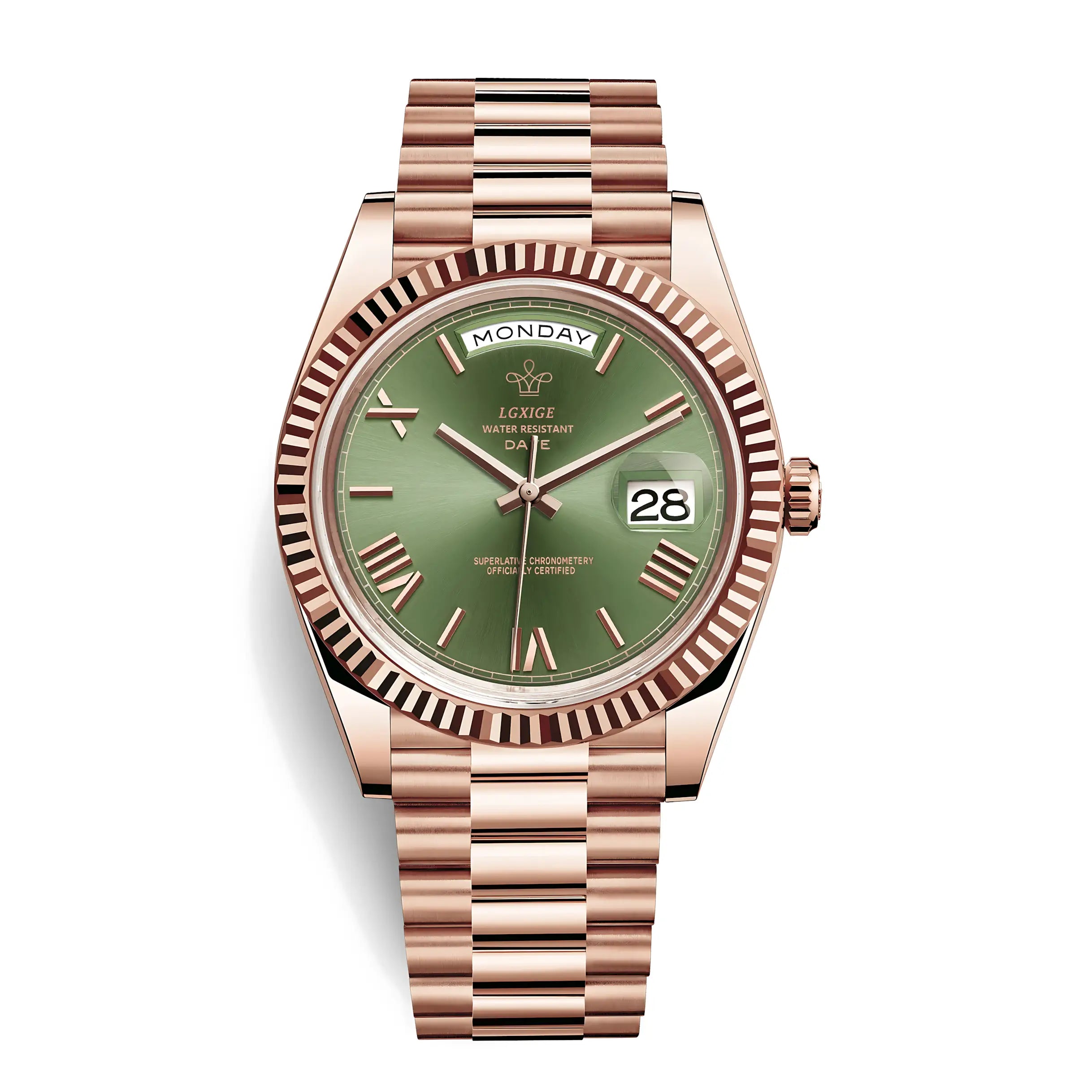 Lgxige Day-Date Roman President Homage Watches LGXIGE Rose Gold Jade   - 44879982-green