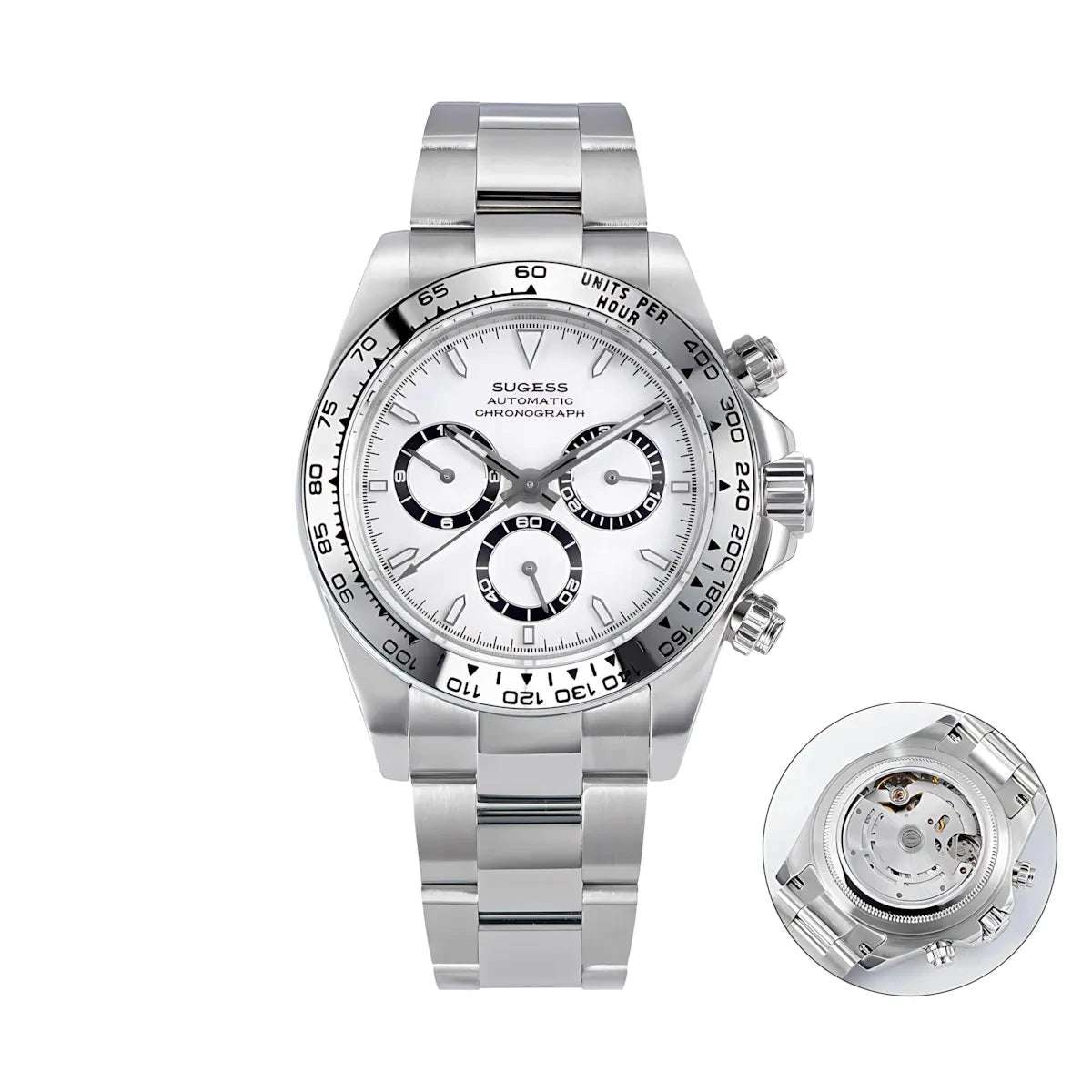 Sugess 39 Daytona Chronograph Ceramic Bezel Premium Homage Watches White Steel DIS S418-2 - Sugess | Viva Timepiece