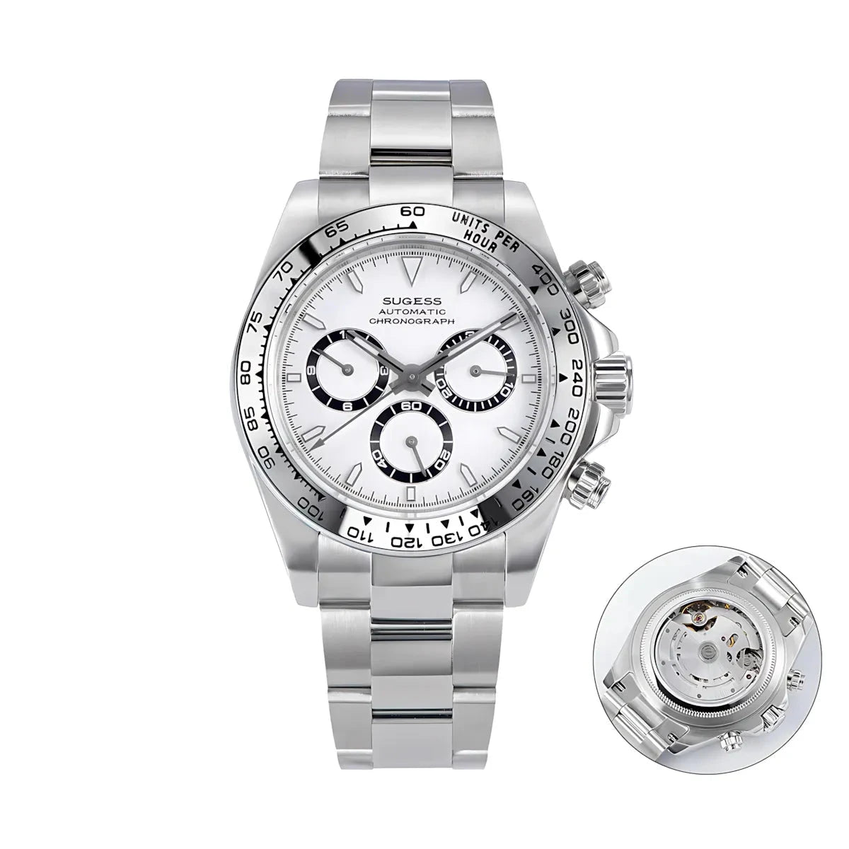 Sugess 39 Daytona Chronograph Ceramic Bezel Premium Homage Watches White Steel DIS S418-2 Watches - Sugess