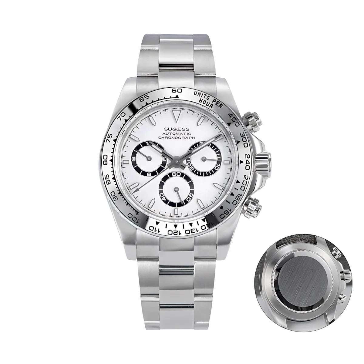 Sugess 39 Daytona Chronograph Ceramic Bezel Premium Homage Watches White Steel SS S418-2 Watches - Sugess